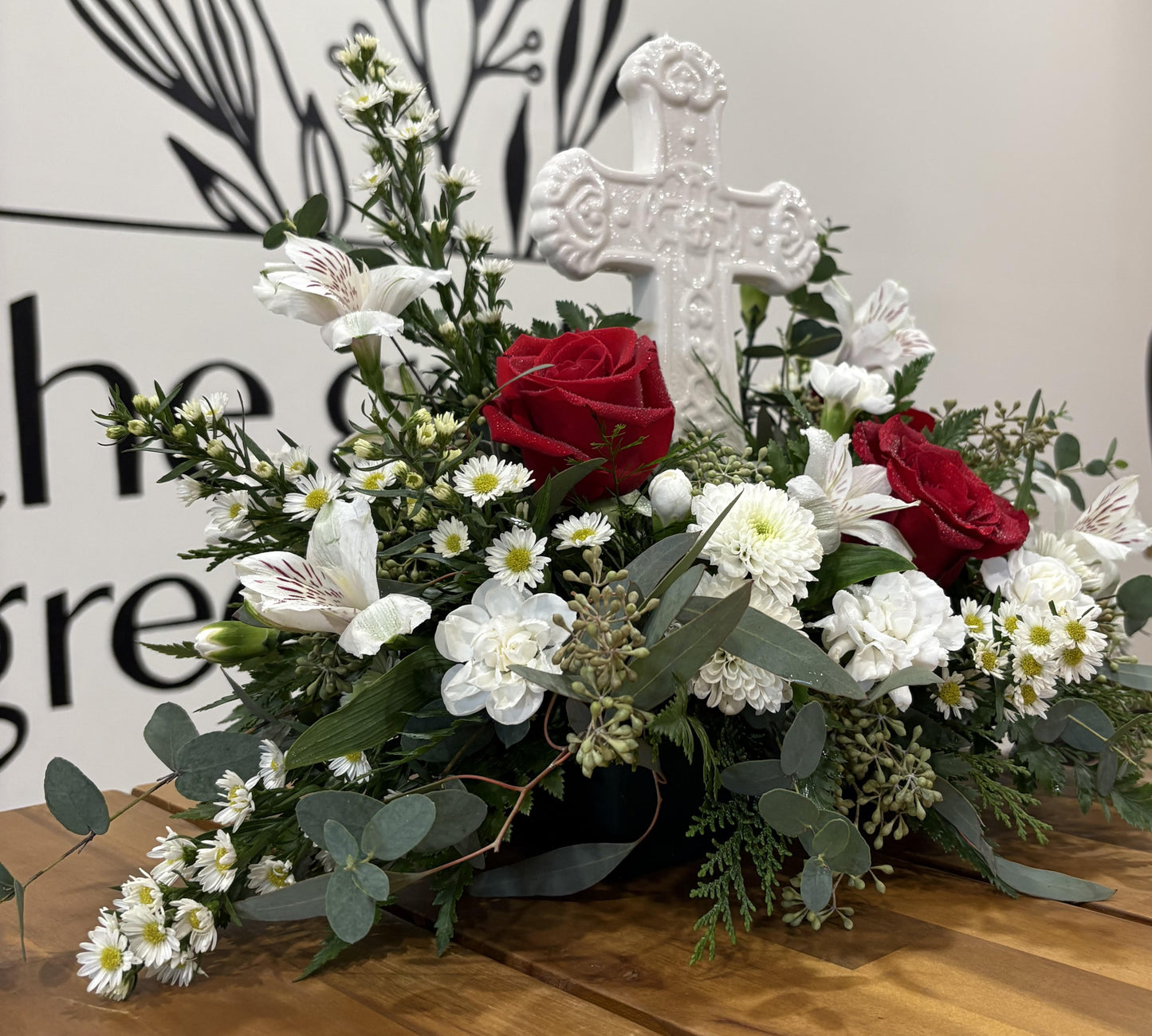 Ceramic Cross - Red & White Flowers