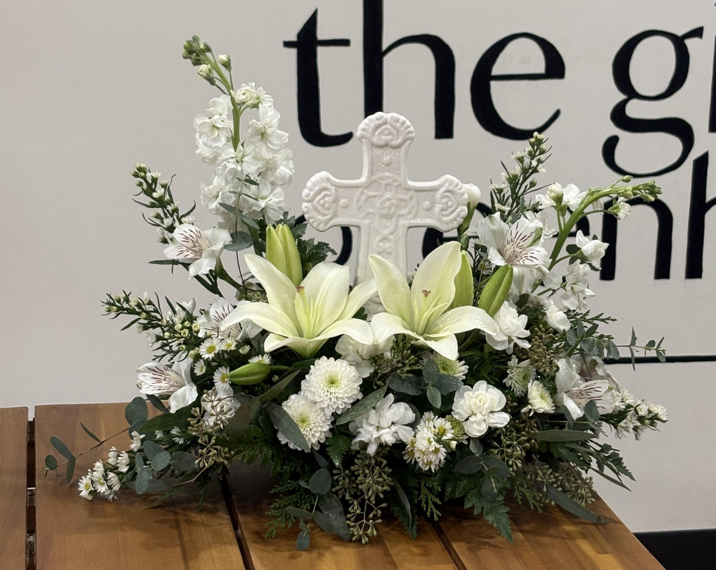 Ceramic Cross - All White flowers