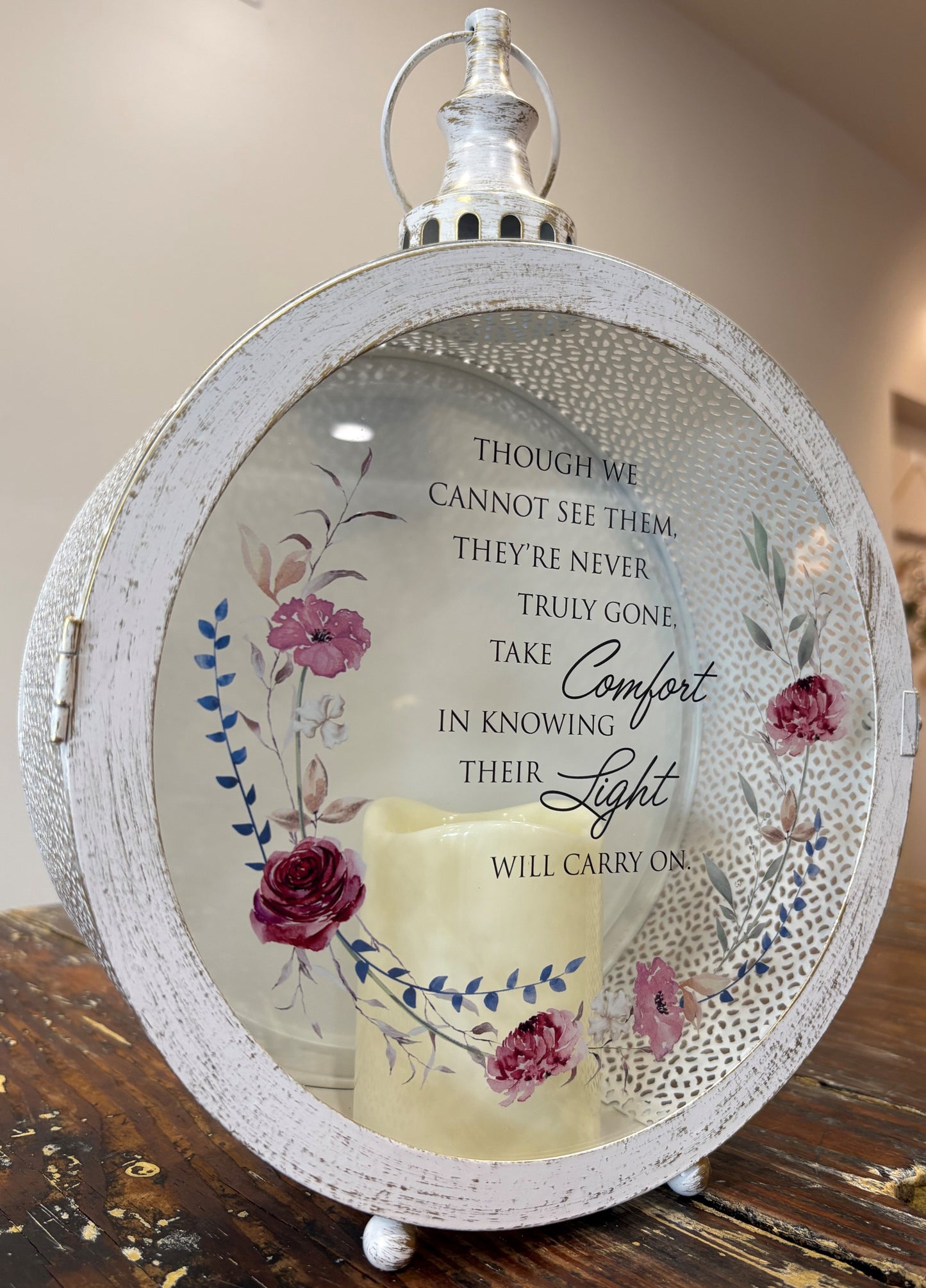 Lantern - Round Metal - Pink Flowers