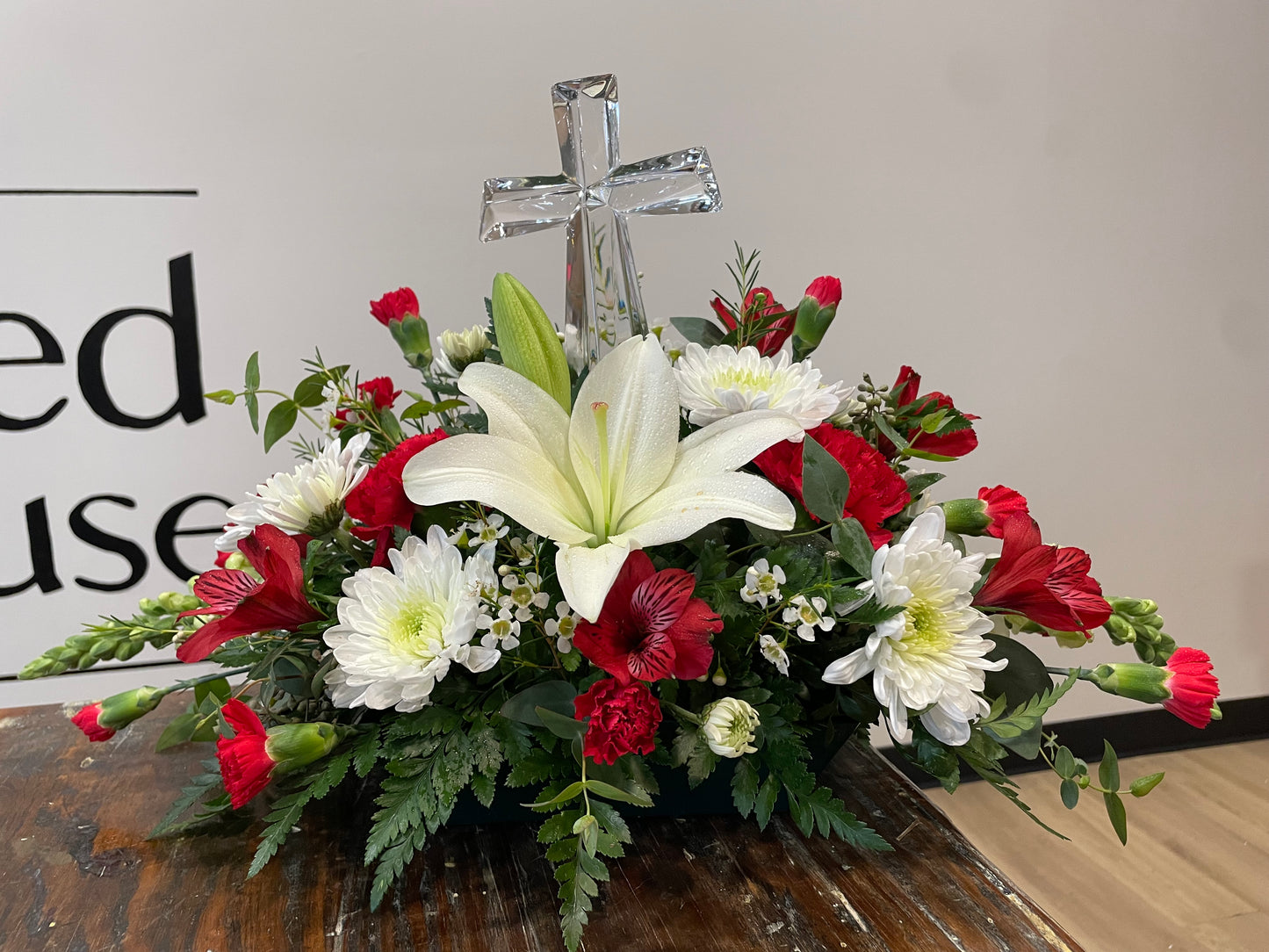Glass Cross with Red and White Flowers - Standard