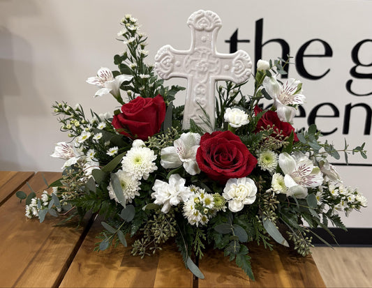 Ceramic Cross - Red & White Flowers