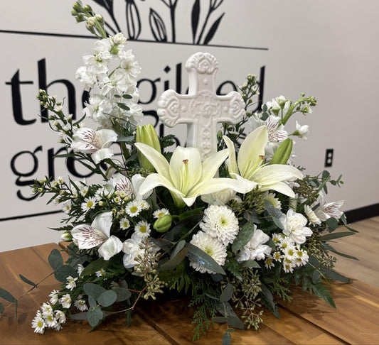 Ceramic Cross - All White flowers