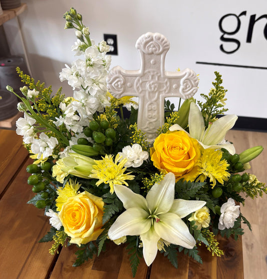 Ceramic Cross - yellow and white flowers