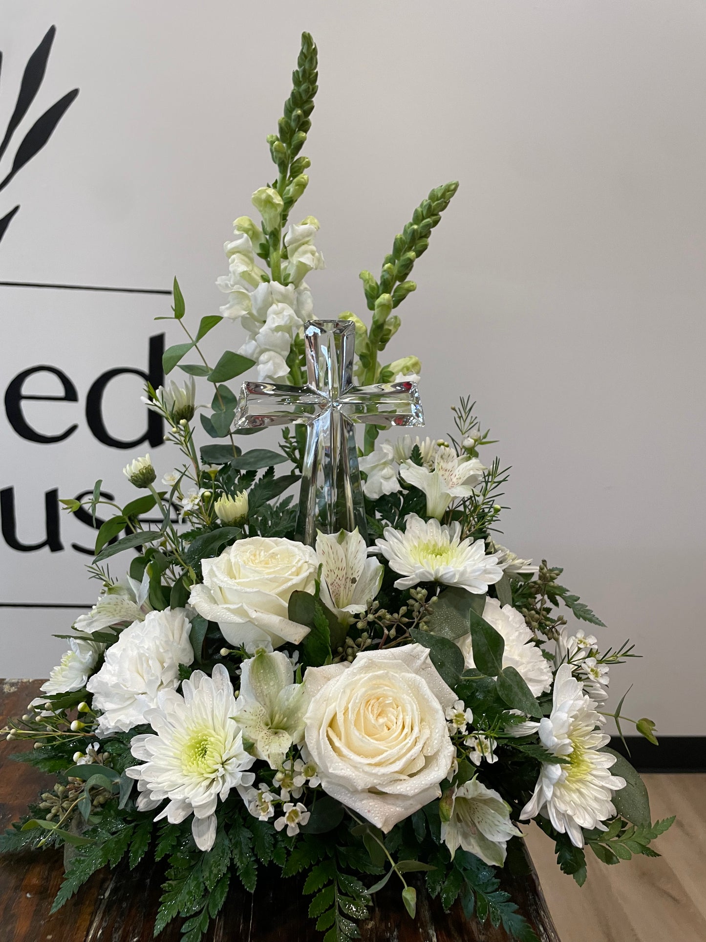 Glass Cross with White Flowers - Standard