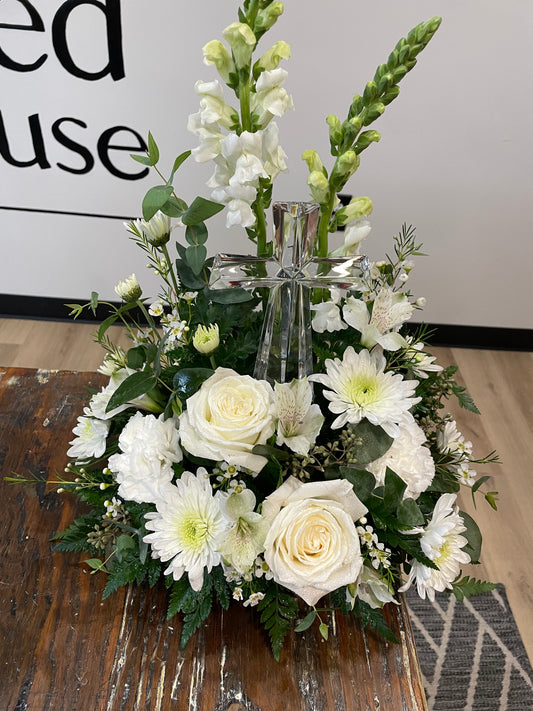 Glass Cross with White Flowers - Premium