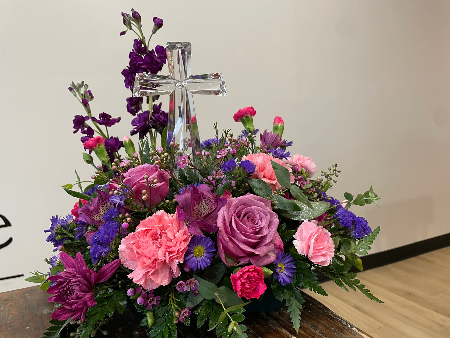 Glass Cross with Pink and Purple Flowers - Deluxe