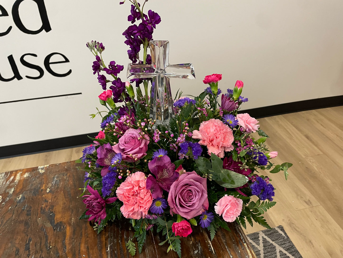 Glass Cross with Pink and Purple Flowers - Deluxe