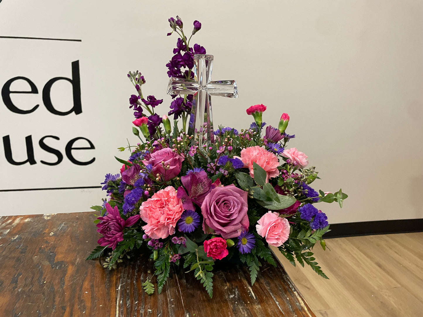 Glass Cross with Pink and Purple Flowers - Deluxe