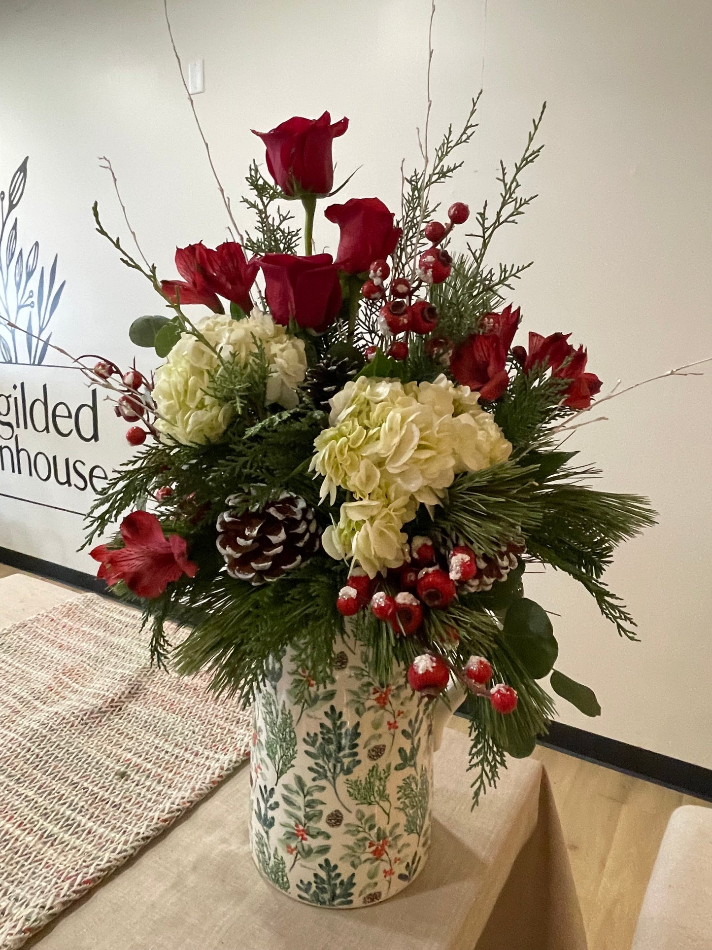 Large Wintery Pitcher arrangement