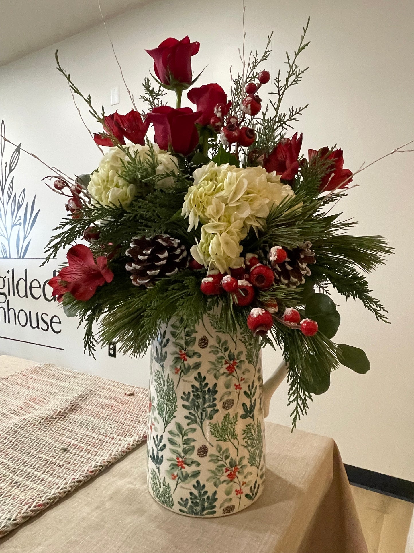 Large Wintery Pitcher arrangement