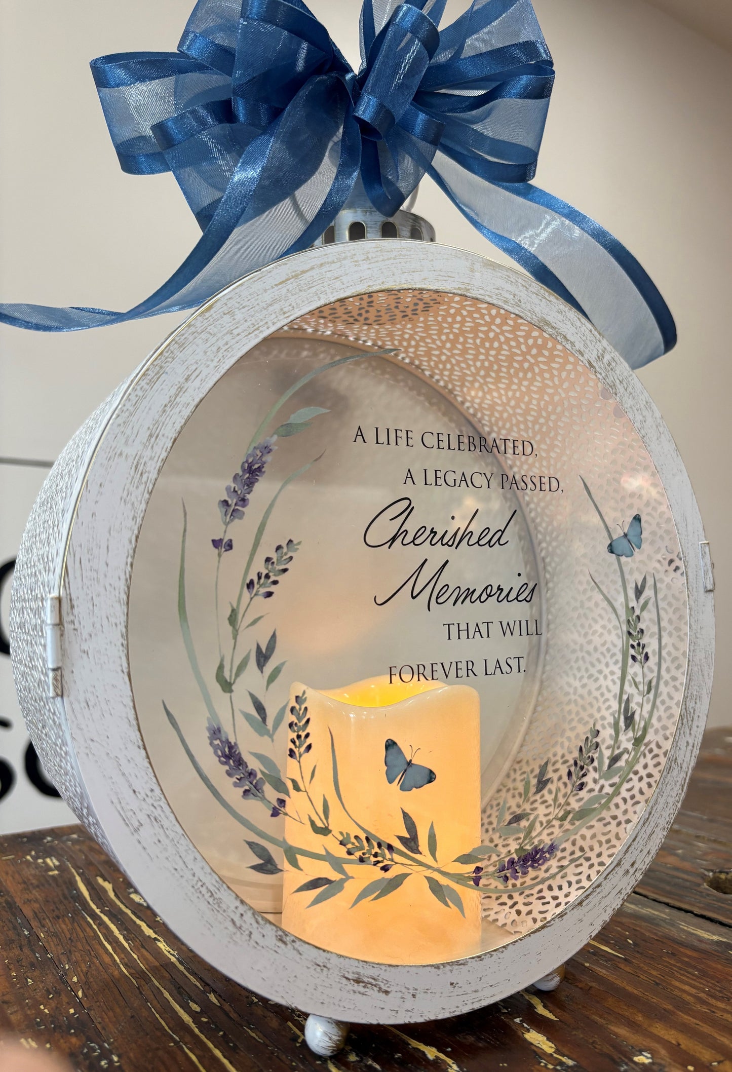 Lantern - Round Metal - Blue Butterflies