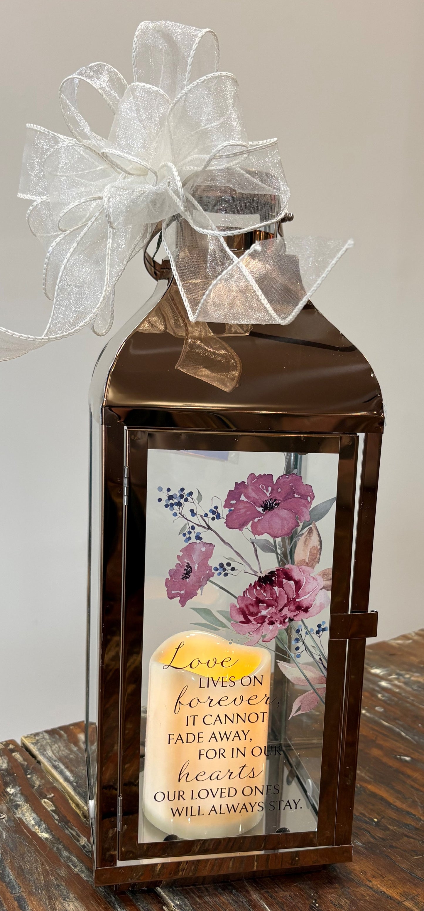 Lantern - Tall Copper - Pink Flowers