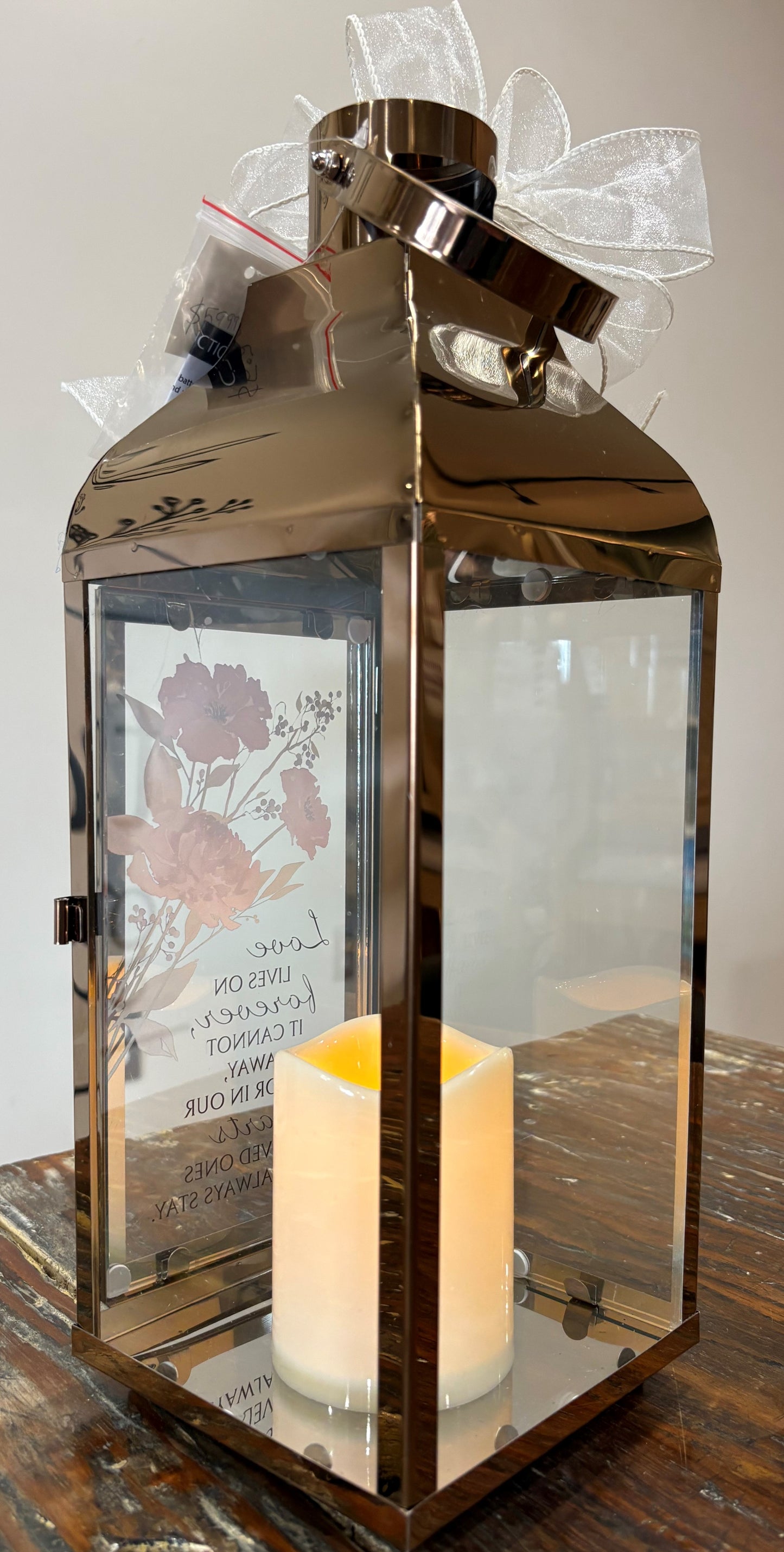 Lantern - Tall Copper - Pink Flowers