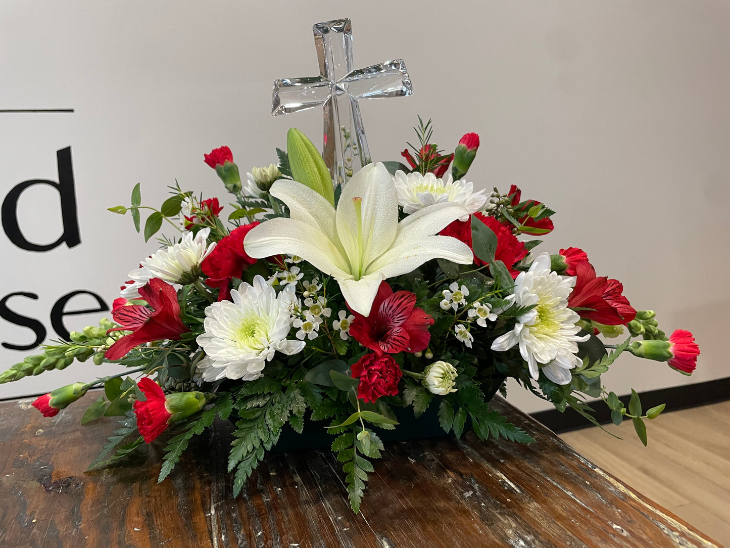 Glass Cross with Red and White Flowers - Standard