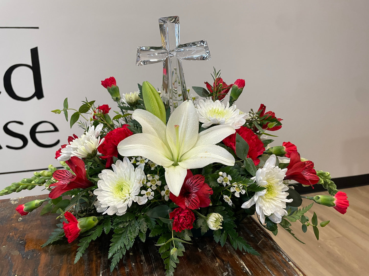 Glass Cross with Red and White Flowers - Standard